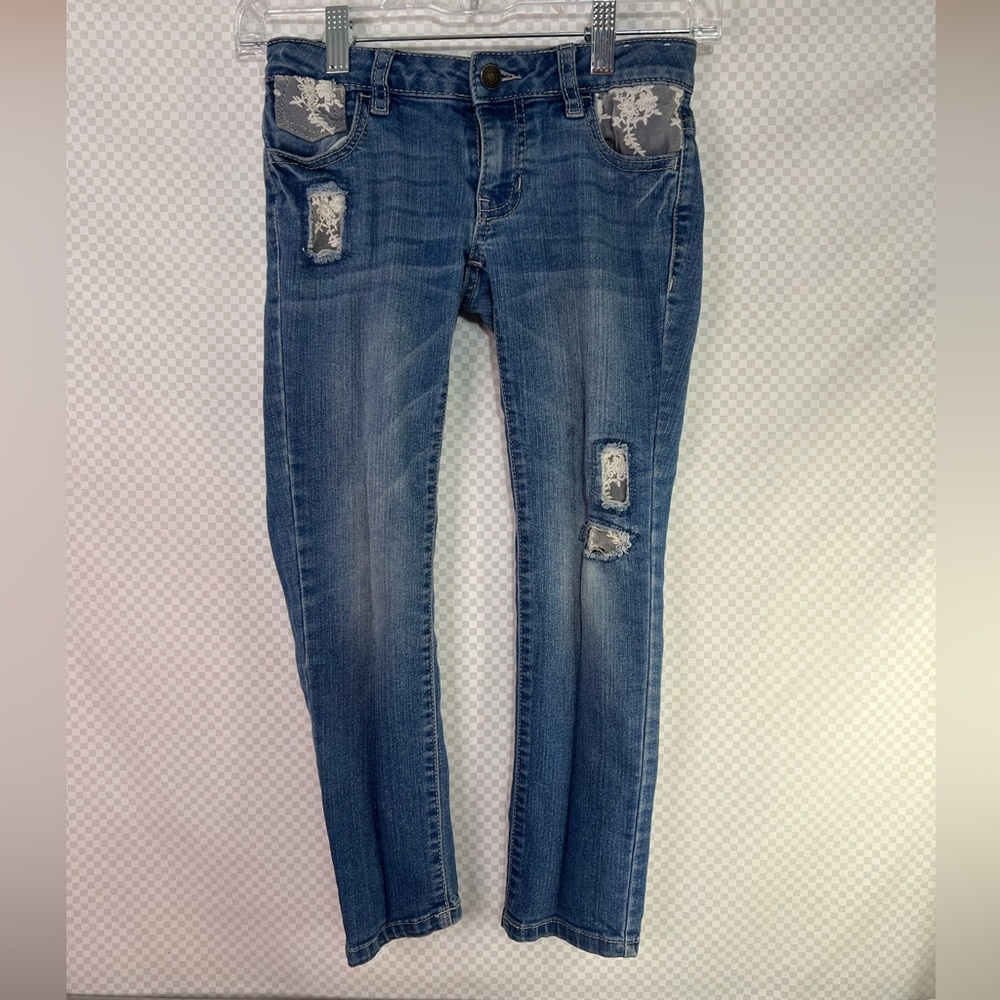 CANYON RIVER BLUES Girls Skinny Distressed‎ With Lace Denim JEANS, Size 7
